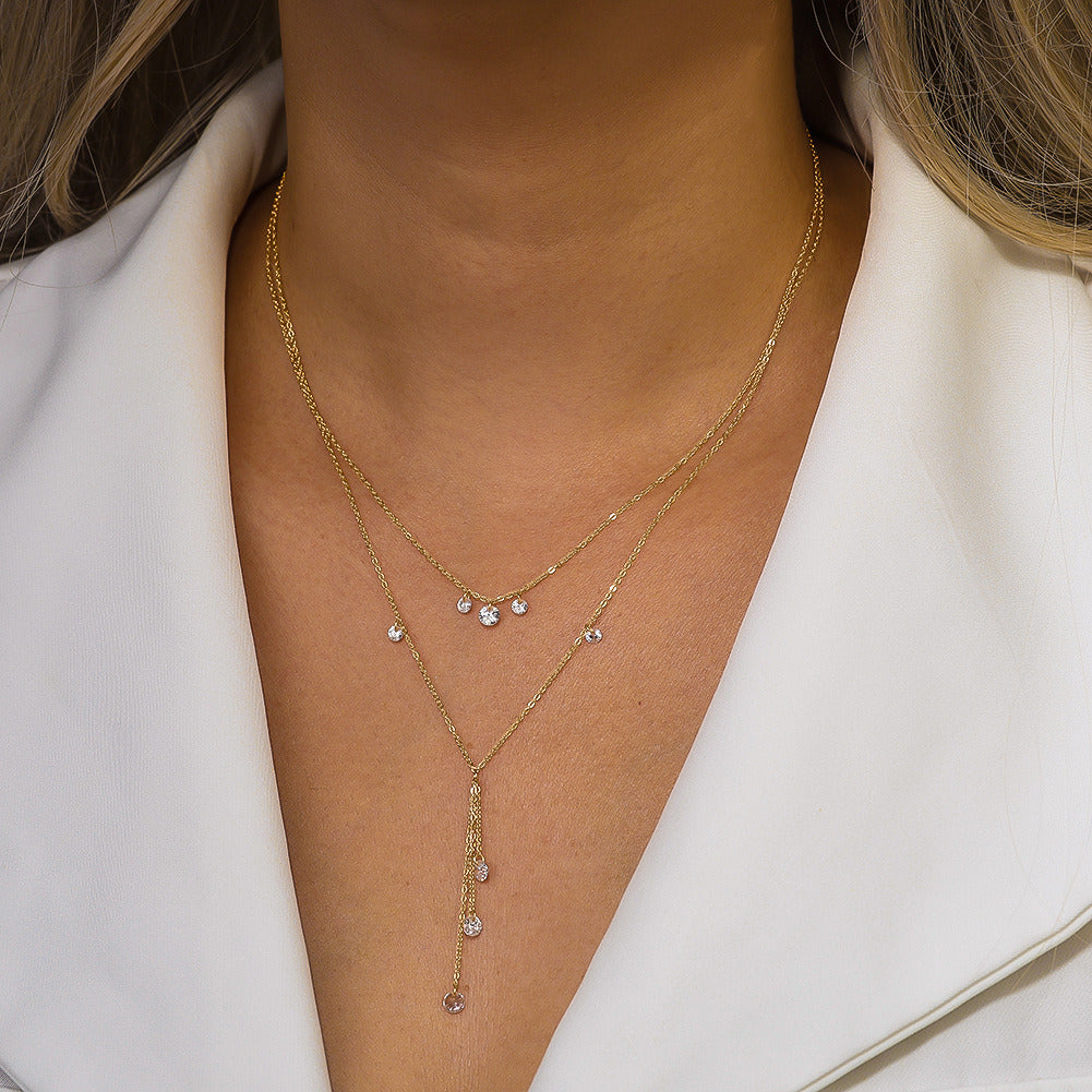 Kemstone Layered 925 Sterling Silver Necklace – Gold & Silver Adjustable Cubic Zirconia Y Pendant Jewelry for Women A4-BQN20