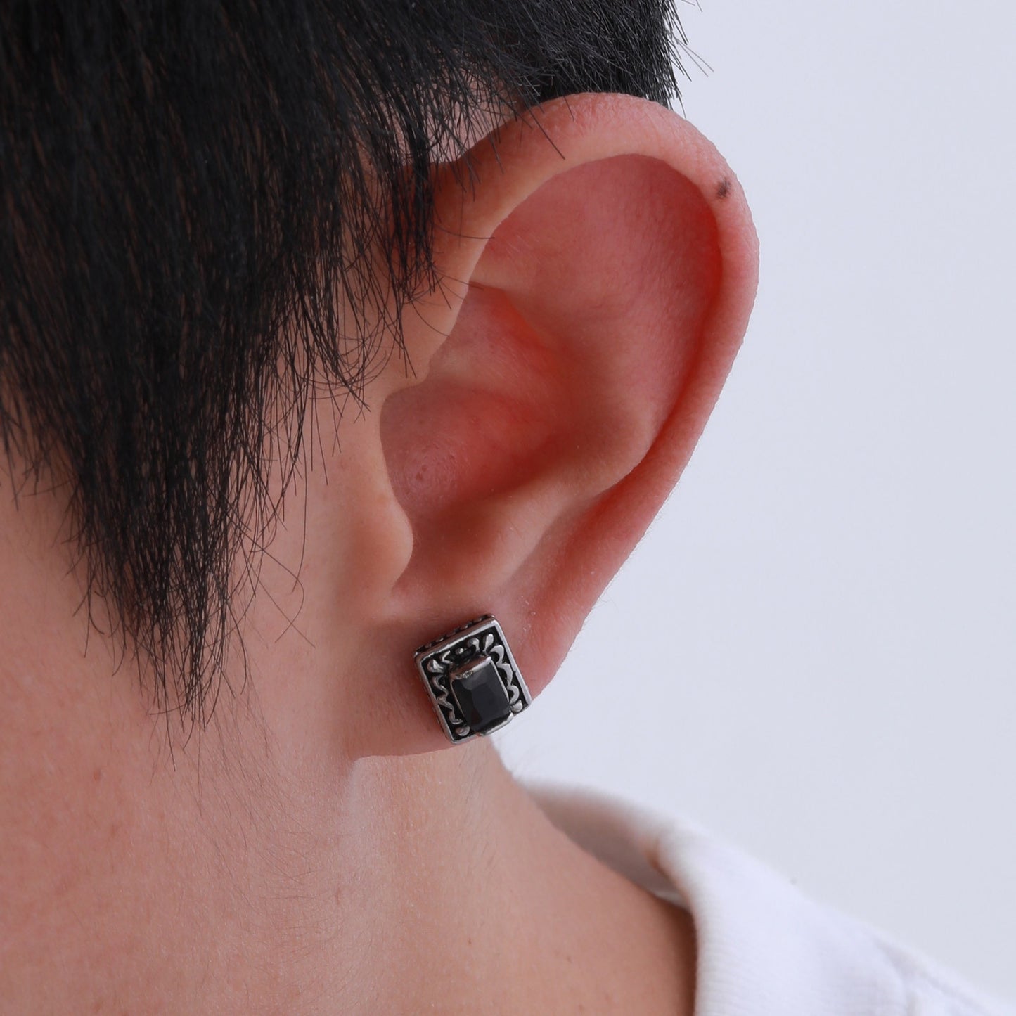 Kemstone Matte Black Steel Earrings – Geometric Zircon Studs for Men