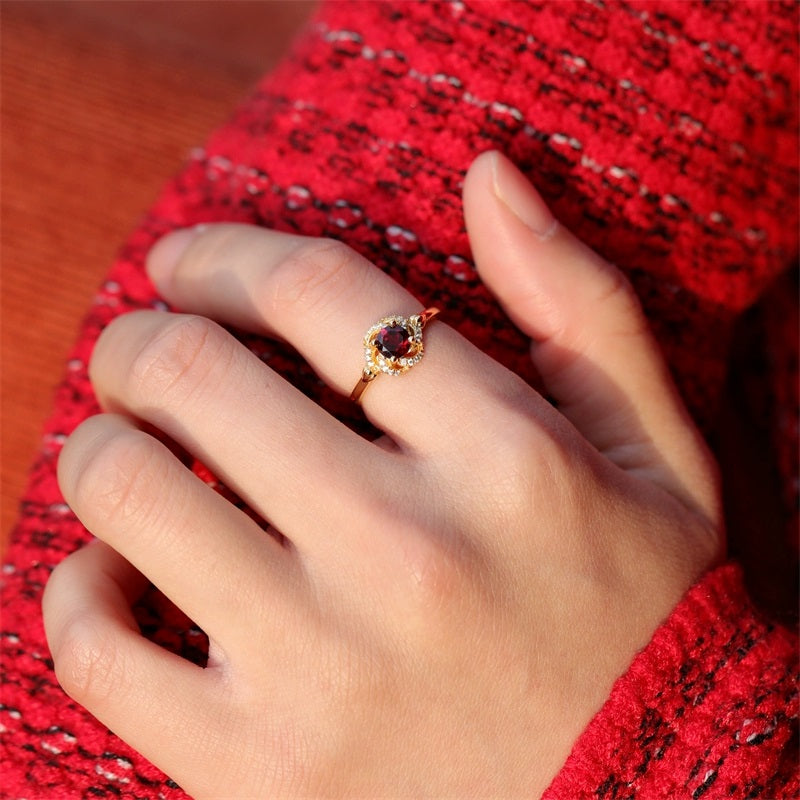 Kemstone Rose Nebula Garnet Ring – 18K Gold-Plated 925 Sterling Silver, Vintage Romantic Jewelry