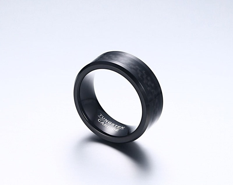 Kemstone 8MM Carbon Fiber Inlaid Tungsten Carbide Ring – Black Matte Finish TCR036