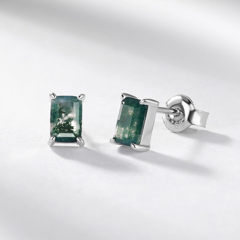Pendientes de ágata musgosa de diseño original hechos a mano por Kemstone - Diseño geométrico, pendientes de botón de plata de ley S925 para mujer