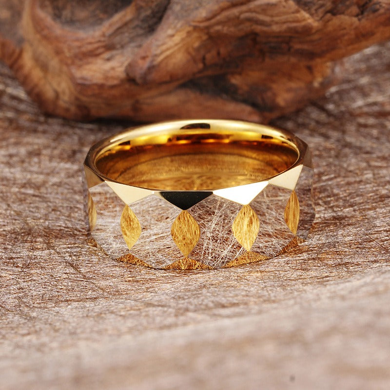 Kemstone Tungsten Geometric Ring for Men & Women – 9mm Faceted Armor Band Dual Tone KR34306