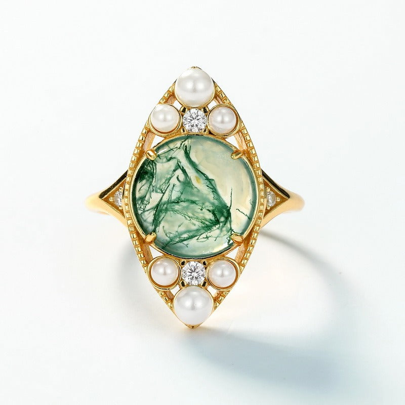 Anillo minimalista de ágata musgosa, diseño original, hecho a mano por Kemstone - Plata S925 ajustable con baño de oro de 10 quilates