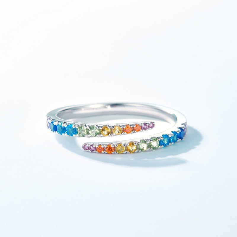 Anillo arcoíris geométrico minimalista de diseño original hecho a mano por Kemstone - Ajustable - Plata S925 - Platino