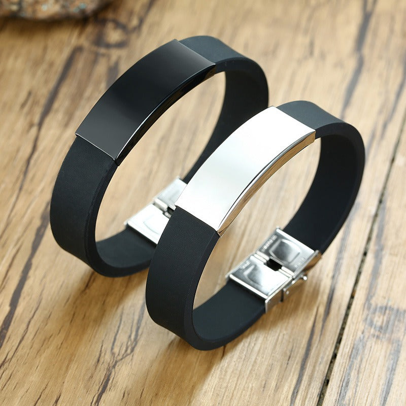 Kemstone Silicone & Stainless Steel Bracelet – Engravable Curved Plate Men’s Wristband BS-076