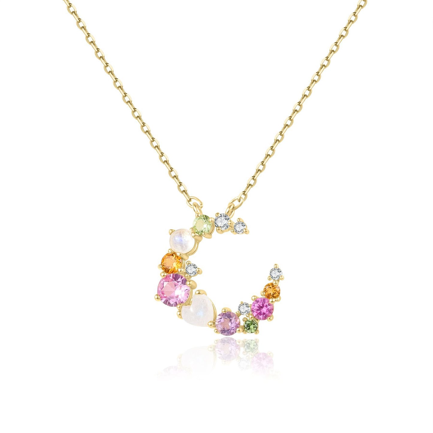 Kemstone Moonlight Sonata Necklace – 925 Sterling Silver Gold-Plated Crescent Pendant with Natural Multicolor Gemstones T7-OL1671NGRM
