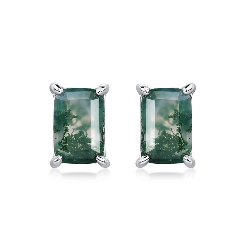 Pendientes de ágata musgosa de diseño original hechos a mano por Kemstone - Diseño geométrico, pendientes de botón de plata de ley S925 para mujer
