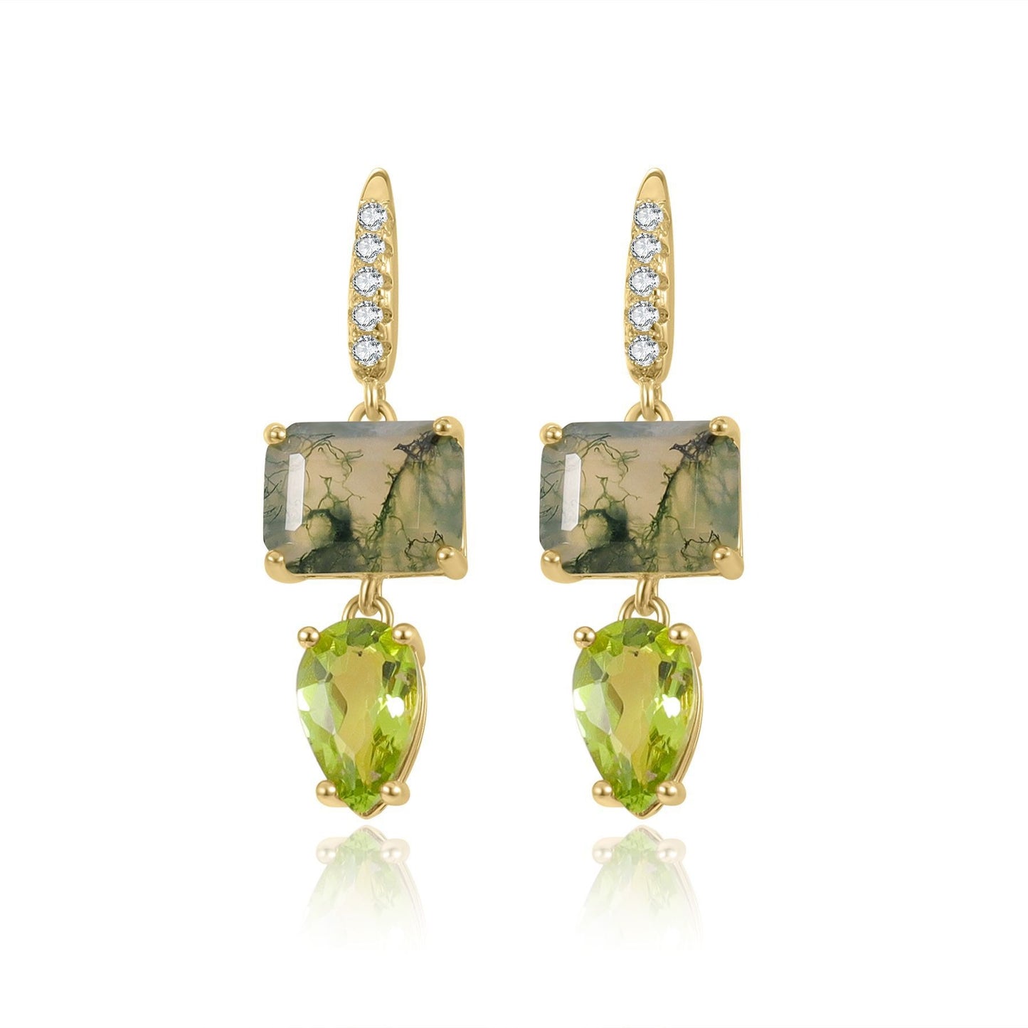 Kemstone Moss Agate & Peridot Drop Earrings – Vintage 925 Sterling Silver with Gold Plating, 2.5cm Dangle T7-OL1343E