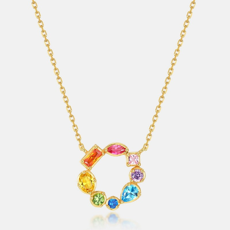 Collar de circonitas coloridas de plata de ley con diseño original, hecho a mano por Kemstone - Cadena de clavícula S925, chapada en oro de 10 quilates, 45,7 cm, con gemas variadas