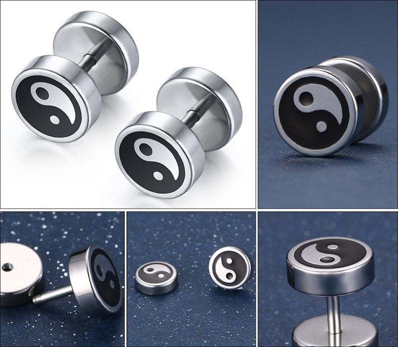 Kemstone Men’s Titanium Steel Punk Taiji Bagua Stud Earrings ES-091