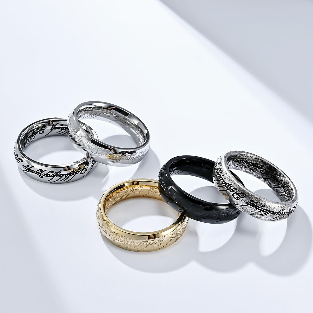 Kemstone Elvish Script Ring β 316L Stainless Steel Norse Gothic Fantasy Band | K-R707
