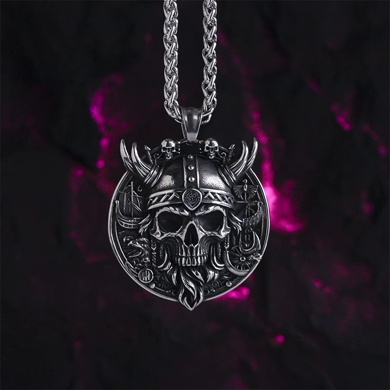 Colgante de calavera vikinga Kemstone – Collar con grabado 3D «Juramento del Pirata» | Estilo rock nórdico NWN-519425