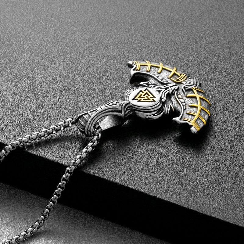Kemstone Viking Axe Pendant – Norse Rune Engraved Stainless Steel Necklace for Men KP130641