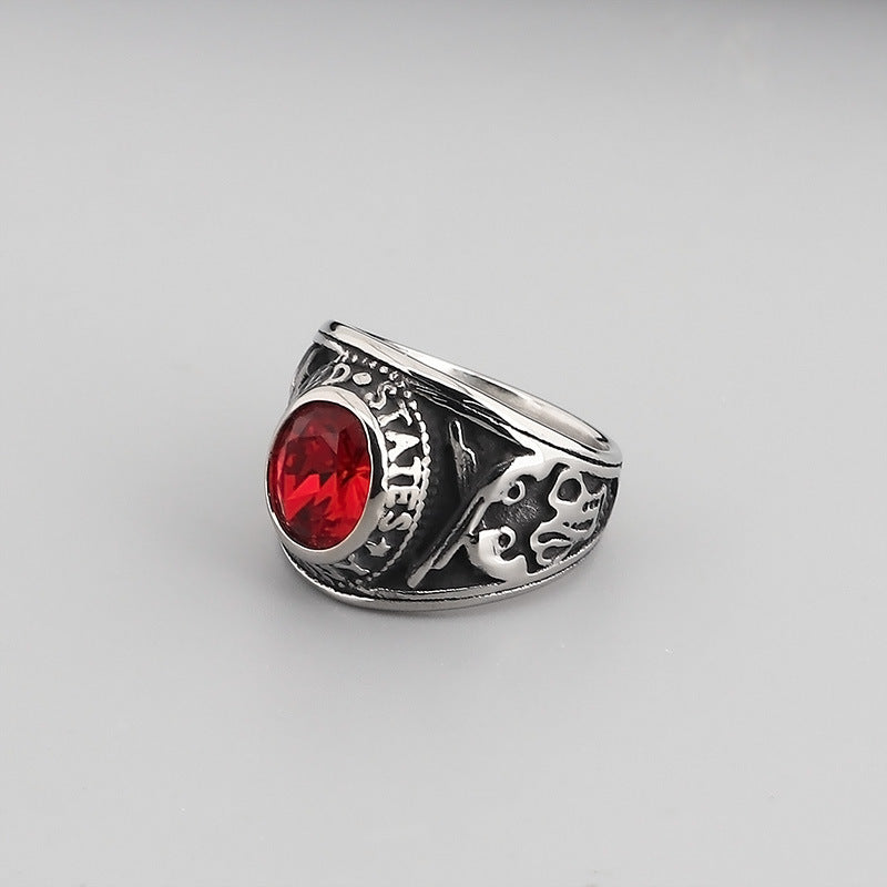 Kemstone Eagle Ring with Red/Blue Gemstones – Titanium Steel Punk Jewelry for Men | Gothic Streetwear Style KR45098-K