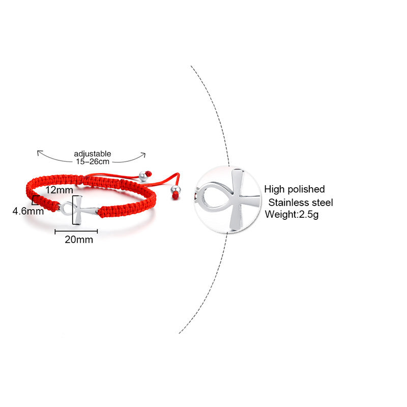 Kemstone Adjustable Ankh Cross Bracelet – Titanium Steel & Red Black Nylon Rope Men & Women BR525