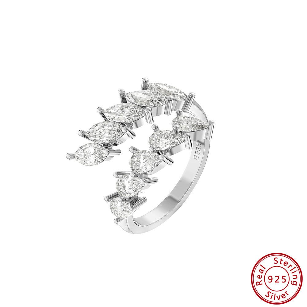 Kemstone Cubic Zirconia Open Ring for Women 925 Sterling Silver Curved Stone Detail SR306