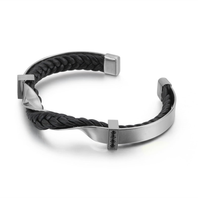 Kemstone Men’s Open Cuff Leather Bracelet – Braided Leather & Stainless Steel with Black Zircon | KB117781-KFC