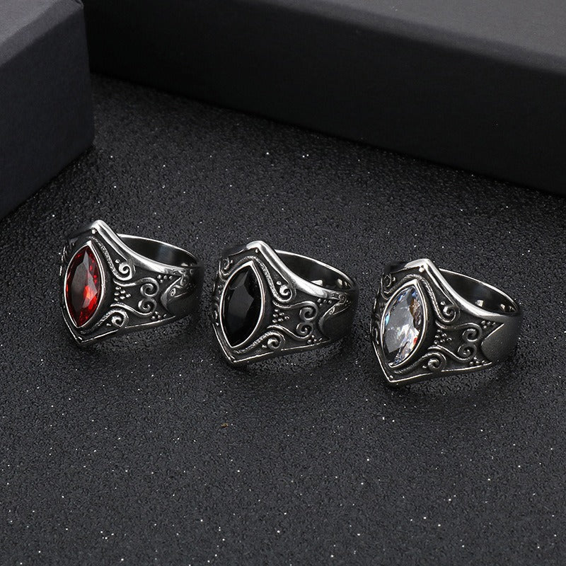Kemstone Gothic Stainless Steel Signet Ring – Ornate Crystal Inlay Red Black White KR82457
