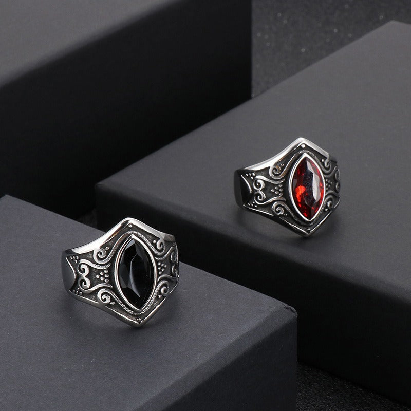 Kemstone Gothic Stainless Steel Signet Ring – Ornate Crystal Inlay Red Black White KR82457