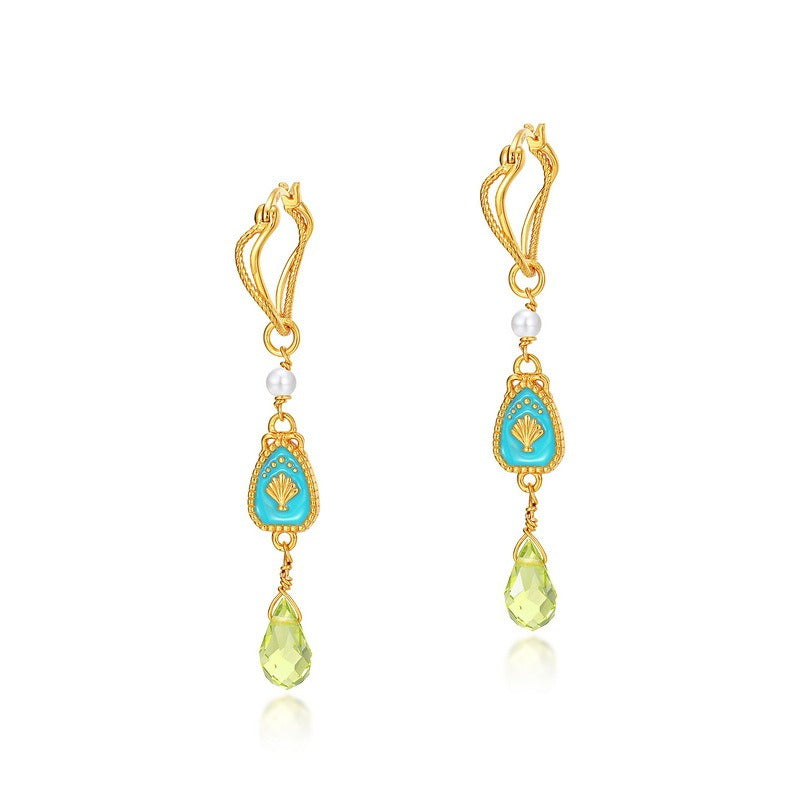 Pendientes colgantes de peridoto esmaltado, diseño original, hechos a mano por Kemstone para mujer - Plata S925 con baño de oro de 10 quilates