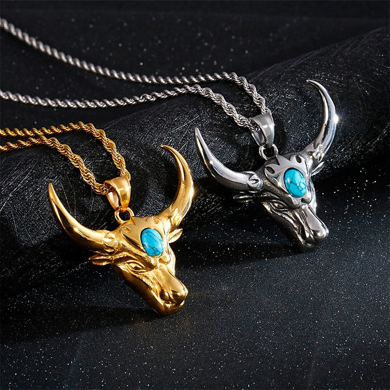 Kemstone Bull Horn Turquoise Pendant – Punk Titanium Steel Necklace for Men KP81530-K