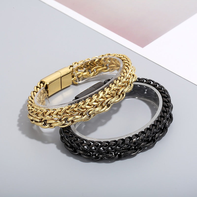 Kemstone Double Layer Chain Bracelet – 13mm Stainless Steel Punk Biker Jewelry for Men | KB91534-BD