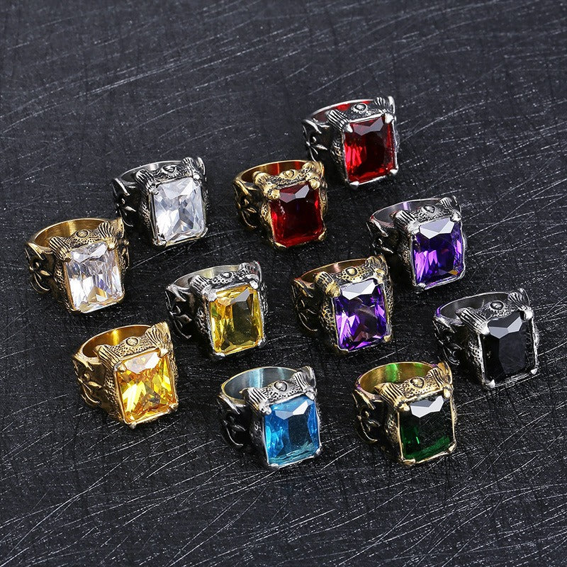 Anillo Kemstone de acero y titanio, estilo gótico punk vintage con cristales para hombre KR39427