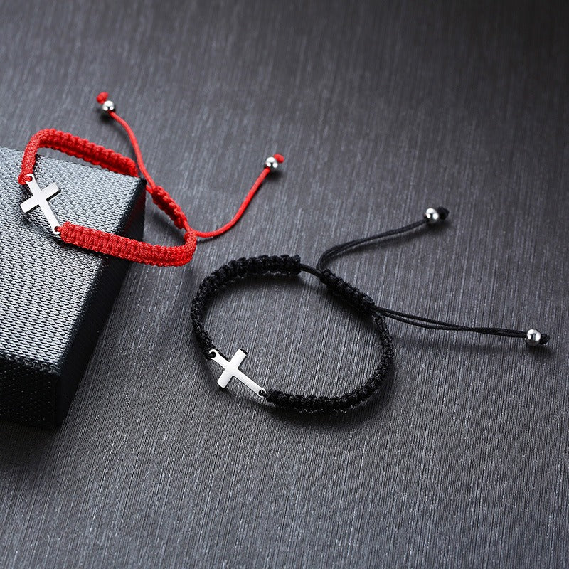 Kemstone Adjustable Ankh Cross Bracelet – Titanium Steel & Red Black Nylon Rope Men & Women BR525