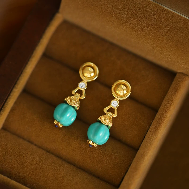 Pendientes colgantes de turquesa vintage Kemstone para mujer – Plata de ley 925 | Elegante joyería de estilo retro palaciego RSY-E515308