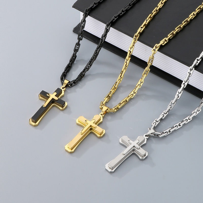Kemstone Titanium Steel Vintage Bamboo Chain Necklace – Triple Cross Pendant for Men KN288587-K
