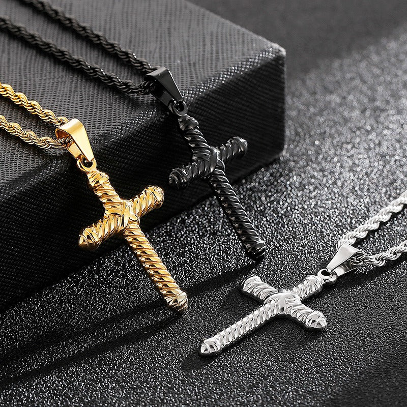 Kemstone Twisted Cross Pendant – Retro Titanium Steel Necklace for Men KP81525-K