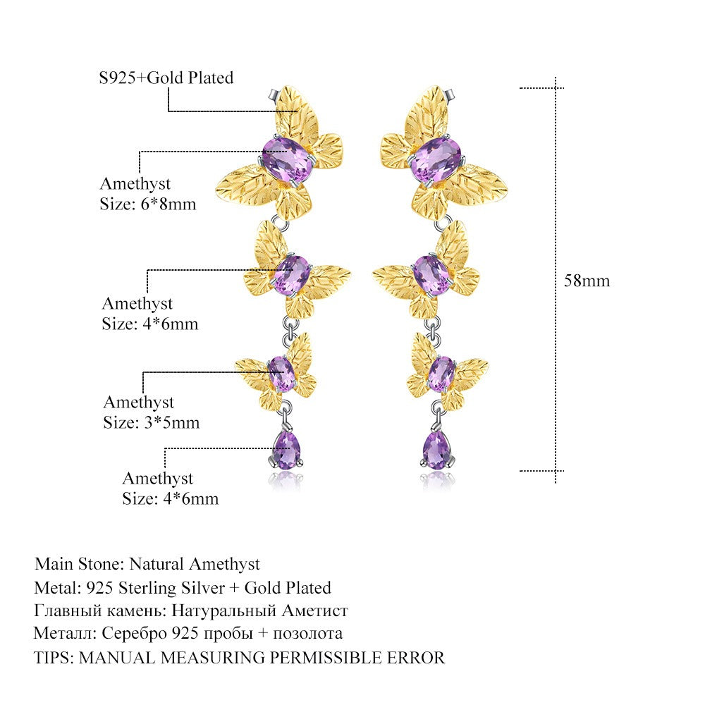 Pendientes colgantes de plata de ley S925 con gemas, diseño original artesanal de Kemstone, con diseño de mariposa de amatista natural y topacio azul suizo para mujer.
