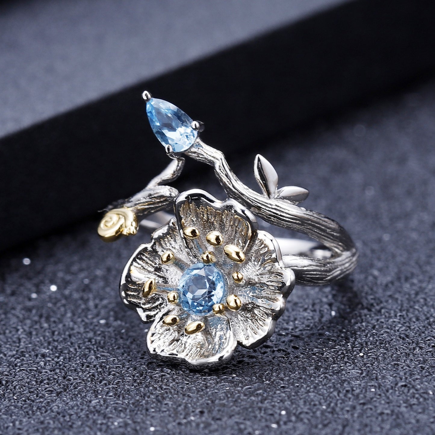 Anillo de flor de citrino natural, diseño original, hecho a mano por Kemstone, plata de ley 925. Anillo abierto de diseñador con diseño floral de topacio azul suizo.