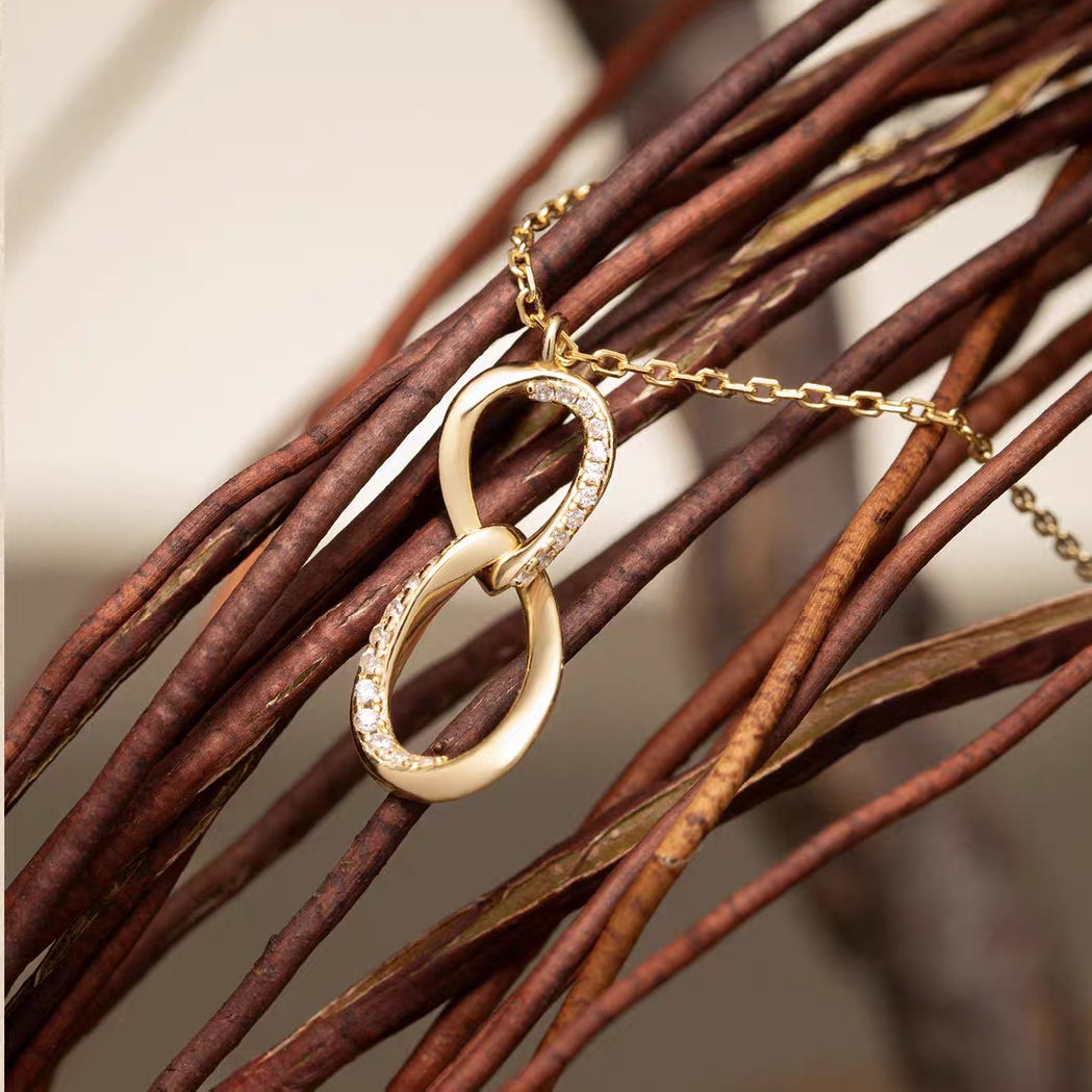 Kemstone Moissanite Infinity Necklace – 18K Gold Plated Sterling Silver Mobius Loop Pendant, Gift for Her EM-HXN180