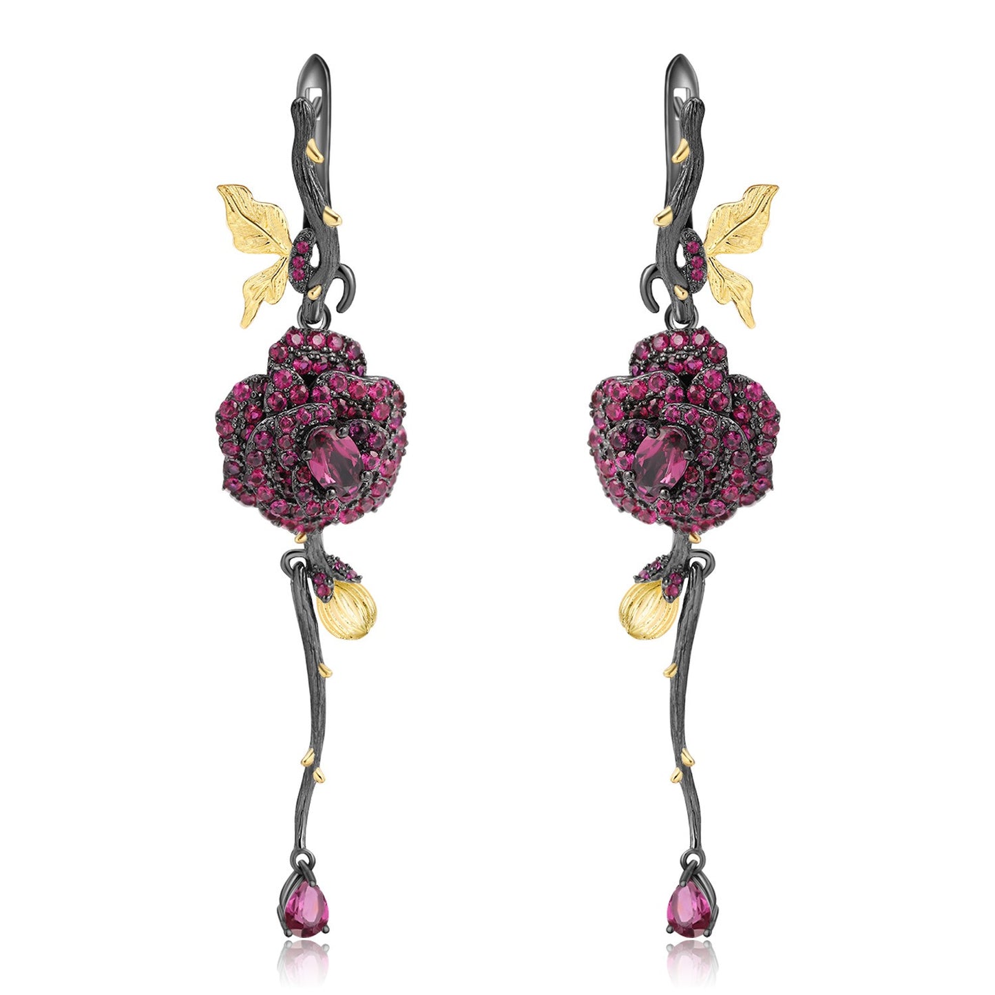 Pendientes de rosa artesanales Kemstone | Granate rodolita y rubí naturales de 0,6 ct | Plata de ley S925 | Longitud de 7 cm T7-C7630E