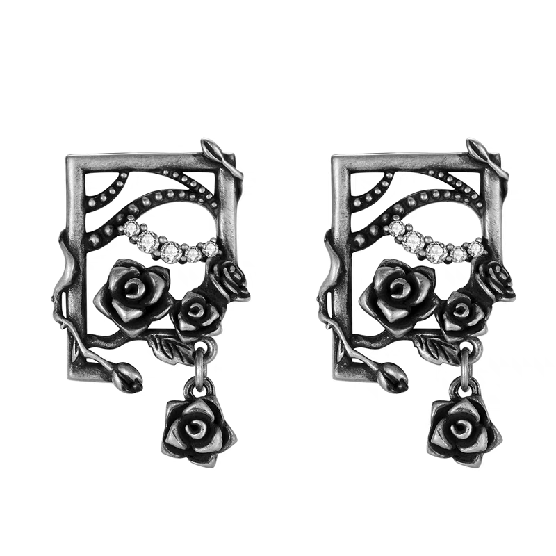 Pendientes Kemstone "Rosa en el tocador", diseño original artesanal: tachuelas florales góticas vintage, esmaltadas en plata de ley 925 con circonitas AAAAA, diseño artístico único en oro y plata, 21,7 mm x 12 mm