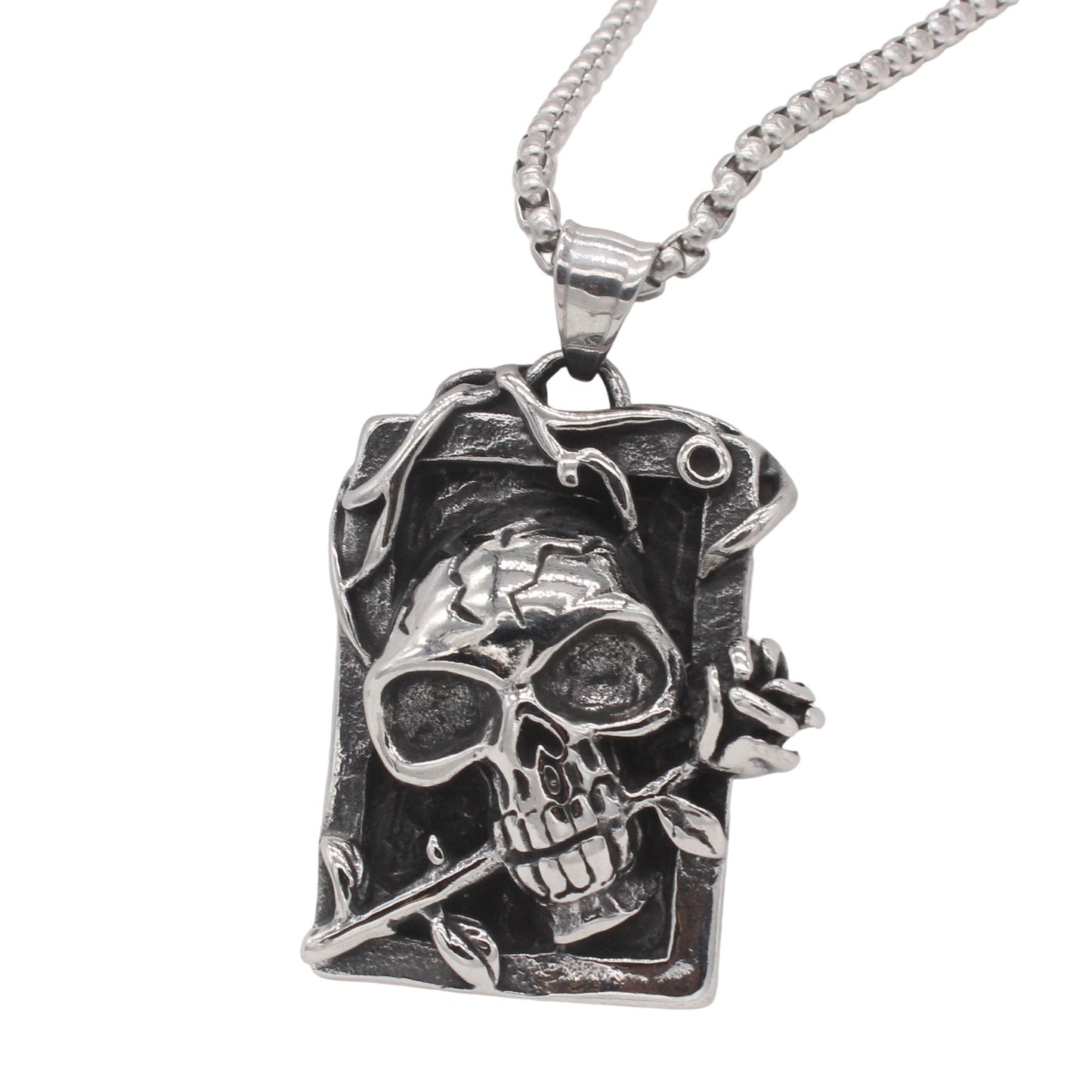 Kemstone Skull and Rose Pendant Necklace for Men Titanium Steel Vintage Relief P1507