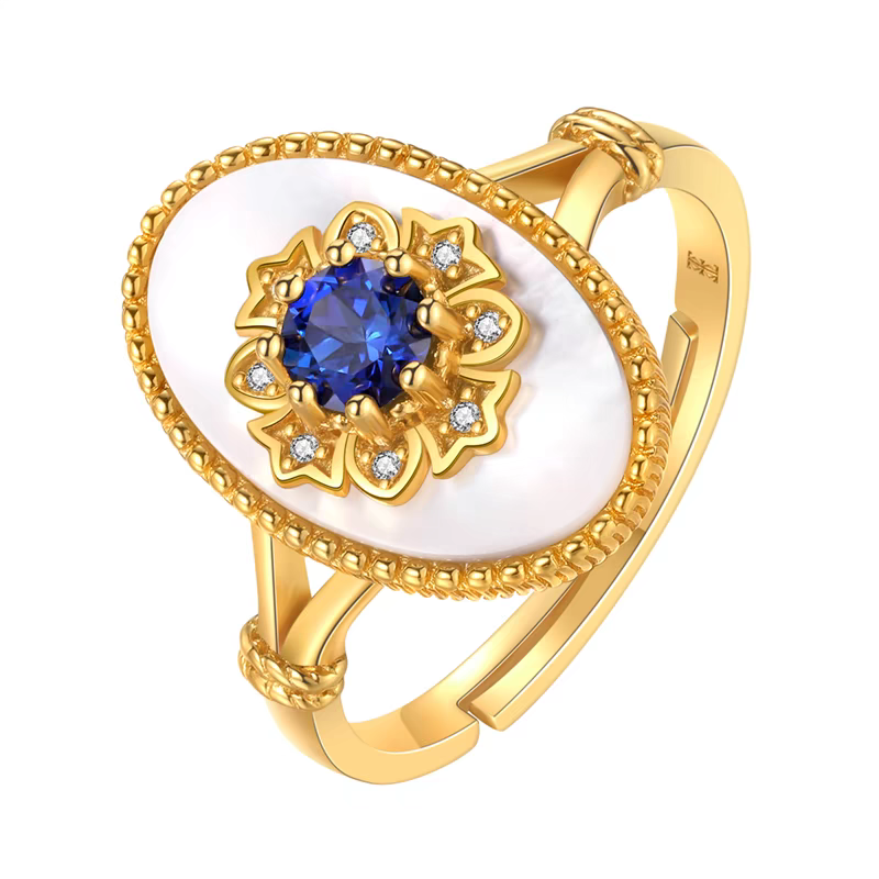 Anillo de ensueño azul dorado, diseño original artesanal de Kemstone: anillo ovalado vintage con zafiro azul real y nácar en plata de ley 925, bañado en oro.