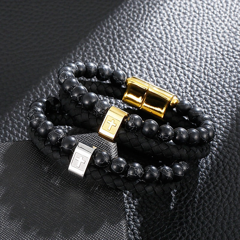 Bracciale da uomo in acciaio inossidabile Kemstone con croce in pelle e pietra turchese KB136651