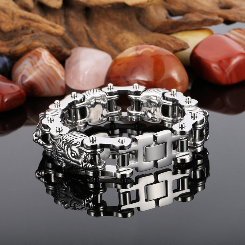 Kemstone Bold Lion Head Titanium Steel Motorcycle Chain Bracelet for Men KB153352