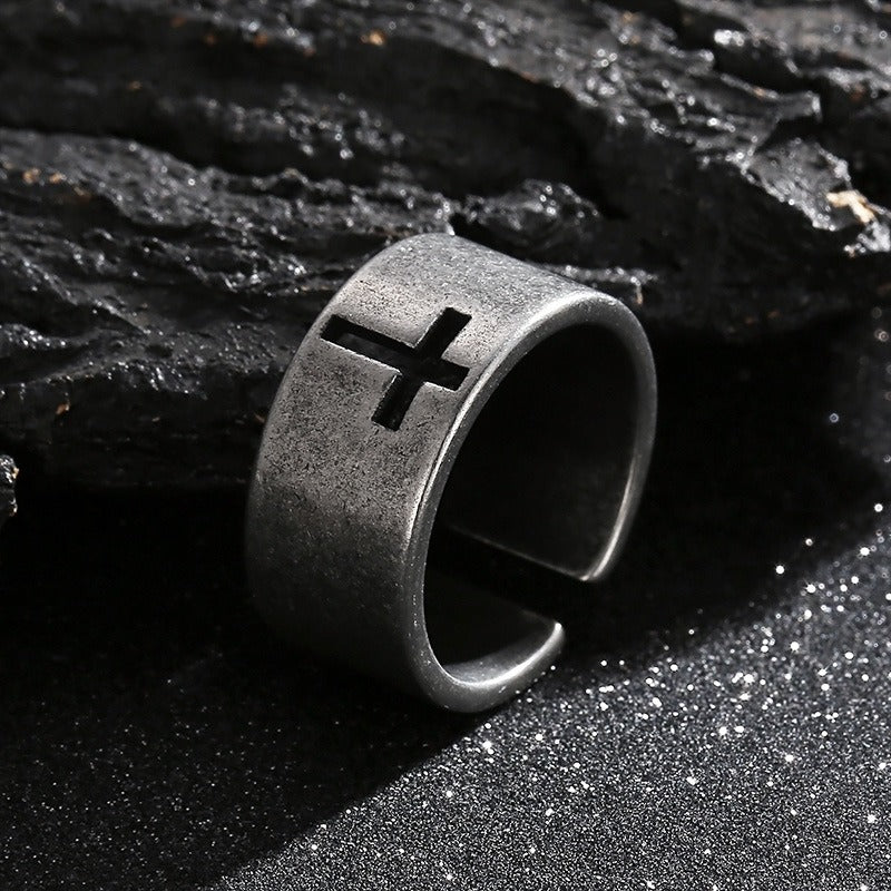 Kemstone Gothic Cross Adjustable Ring – Distressed Titanium Steel Openwork Men’s Jewelry KR104680