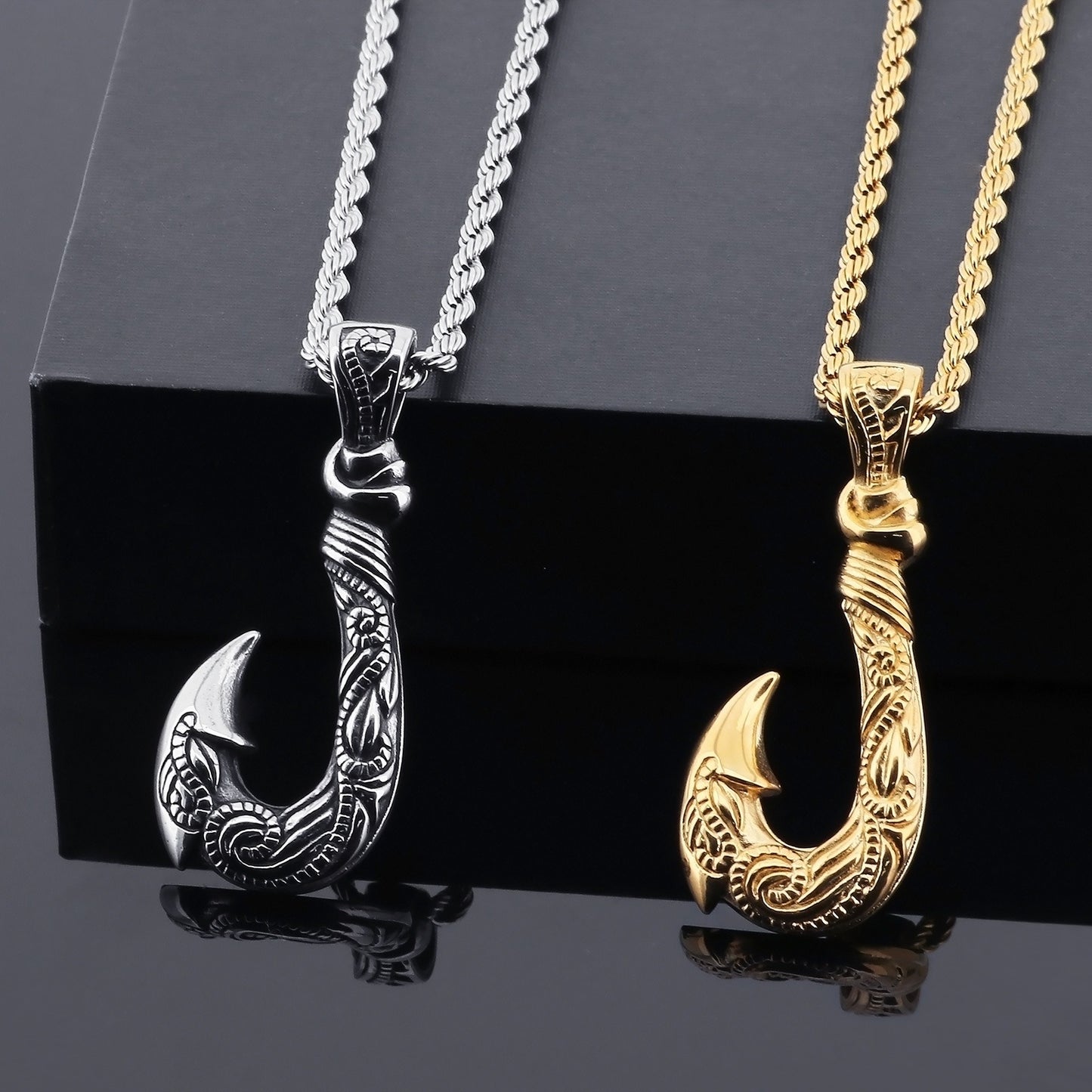 Kemstone Viking Fishhook Pendant Necklace – Rustic Titanium Steel for Men KP130377