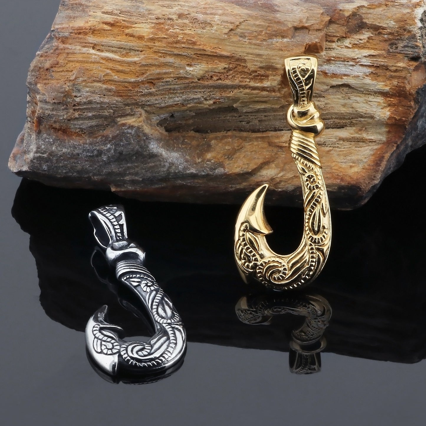 Kemstone Viking Fishhook Pendant Necklace – Rustic Titanium Steel for Men KP130377