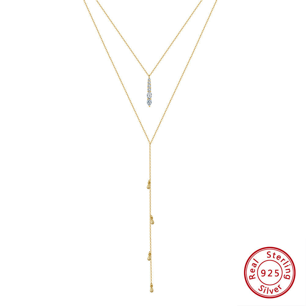 Kemstone S925 Sterling Silver Lariat Pendant Double Layer Necklace for Women – Dainty Y & Drop Chain, Silver & Gold A4-BQN11
