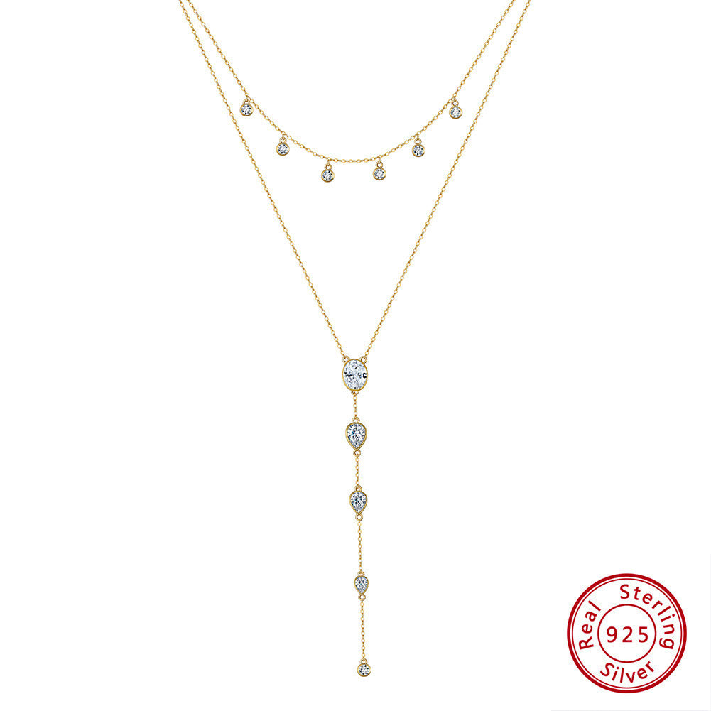 Kemstone S925 Sterling Silver Layered Lariat Necklace for Women – Elegant Y & CZ Chain Clavicle Jewelry, Silver & Gold A4-BQN16