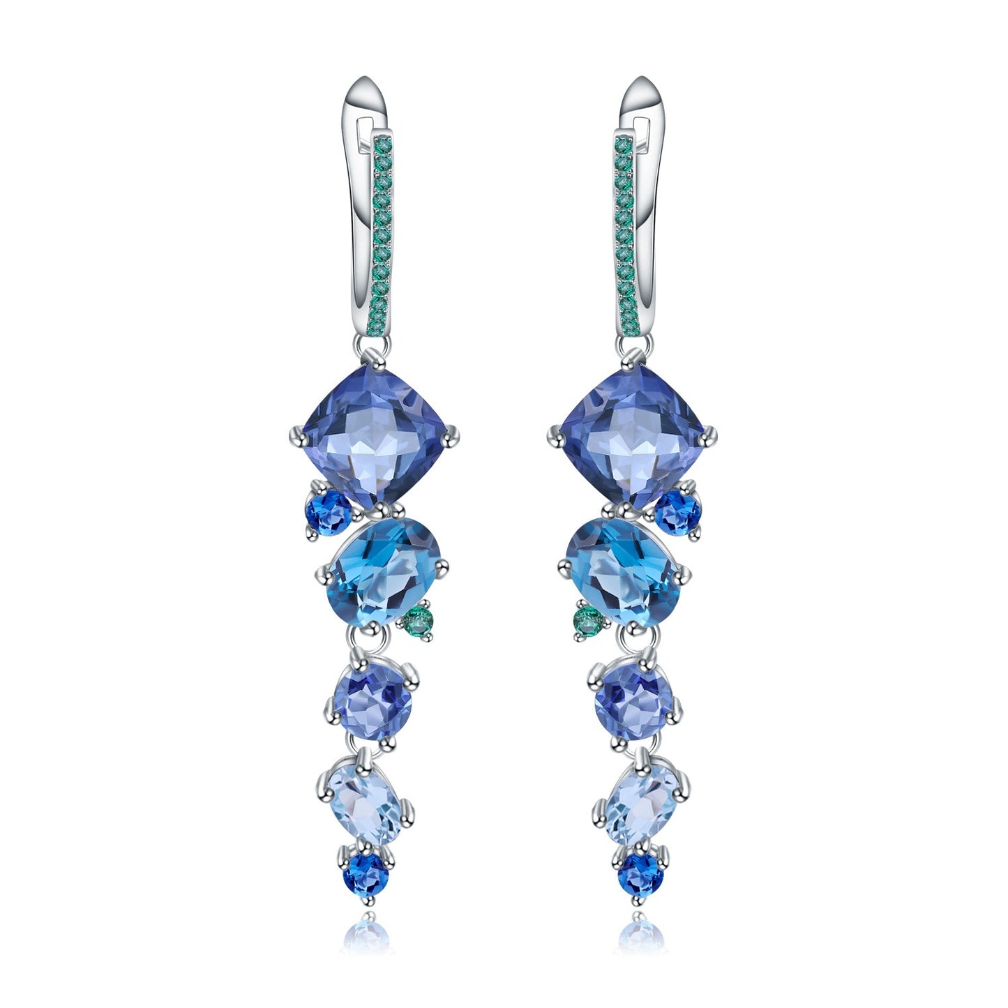 Pendientes colgantes de zafiro y topacio de diseño original hechos a mano por Kemstone en plata de ley 925. Pendientes de piedras preciosas para mujer.