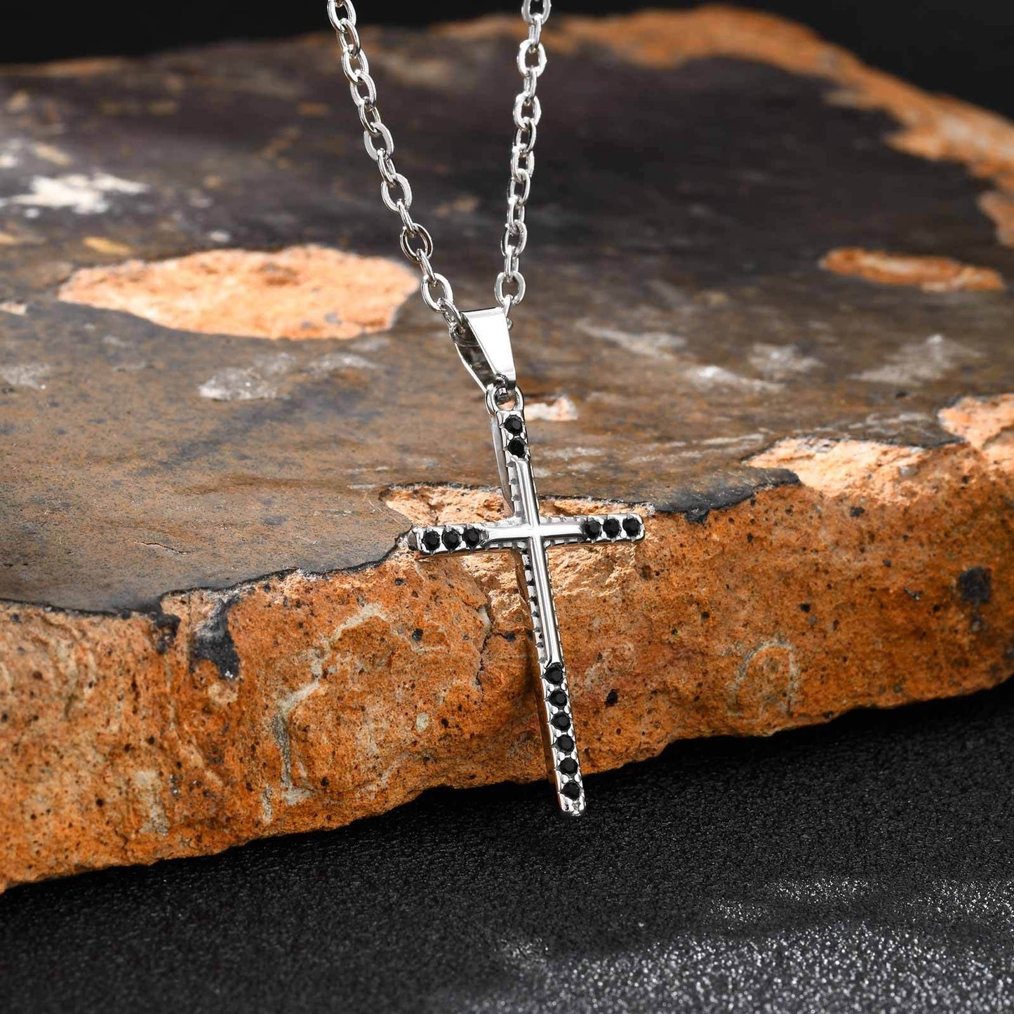 Kemstone Men’s Stainless Steel Cross Necklace – Black Zircon Gothic Pendant PN-2214
