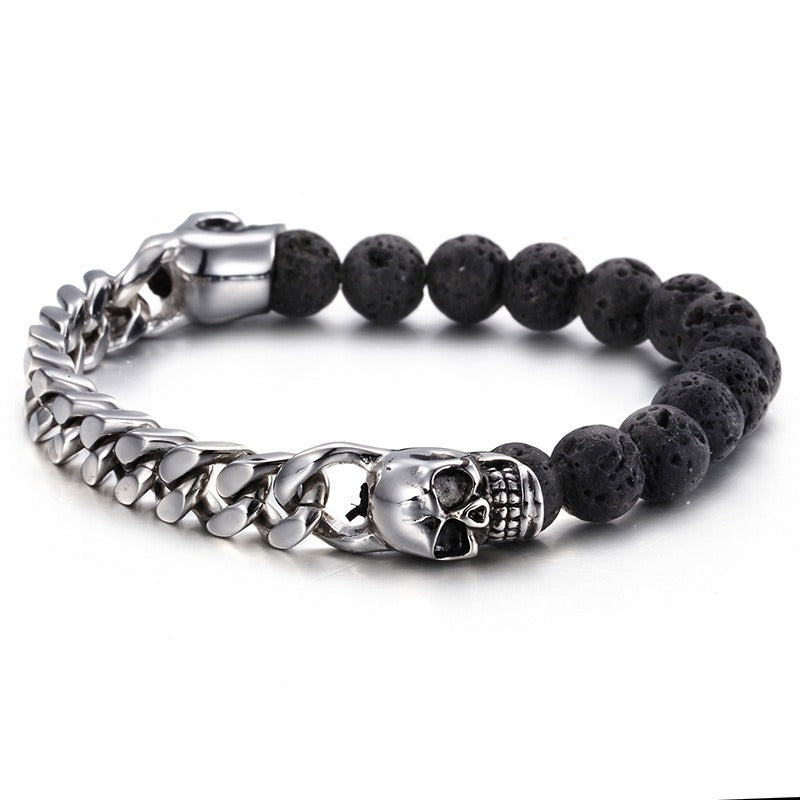 Kemstone Stainless Steel Skull & Volcanic Stone Mala Bracelet – Ethereal Energy Fusion KB66361