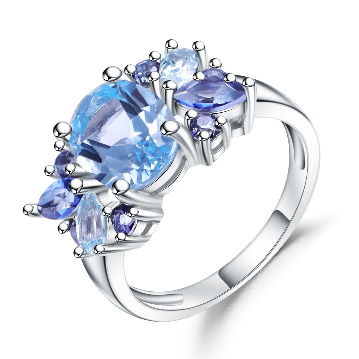 Anillo ajustable de topacio azul cielo floral con detalles de cuarzo místico, diseño original artesanal de Kemstone, 3,47 quilates, K244301R
