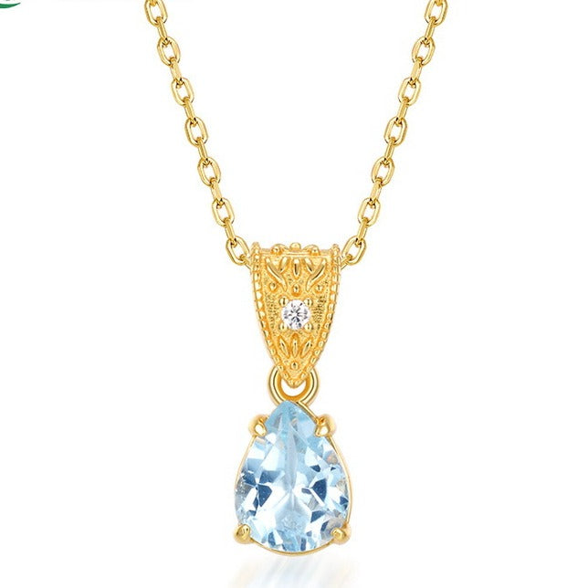 Collar con colgante de topacio azul cielo clásico en forma de lágrima, diseño original, hecho a mano por Kemstone, para mujer. Joyería de plata de ley 925 bañada en oro, 45,7 cm.